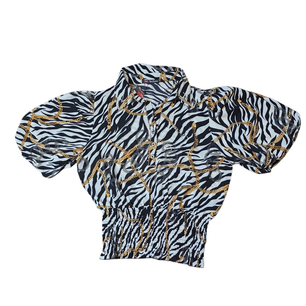 HJ Fashion Zebra Print Chain Blouse Top Short Sleeve Shirred‎ Waist Trendy M NWT